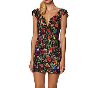 TAHARI Ruffle Front V Wire Swimwear Cover Up Dress Black Jungle Bouquet Size M